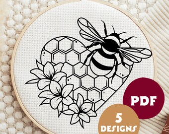 Motif de broderie abeille, point à la main bricolage moderne (motif PDF), lot de broderies, cercle floral