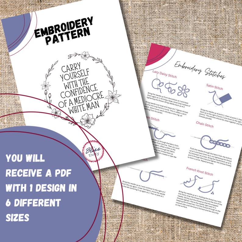 May include: Two white sheets of paper with embroidery patterns. One sheet has the text "EMBROIDERY PATTERN" and "CARRY YOURSELF WITH THE CONFIDENCE OF A MEDIOCRE WHITE MAN". The other sheet shows different embroidery stitches.