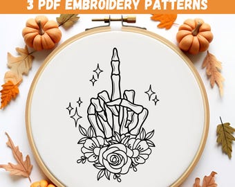 Skeleton Hands Embroidery Pattern PDF, Halloween Hoop Art, Modern Hand Embroidery, Floral Stitch Design