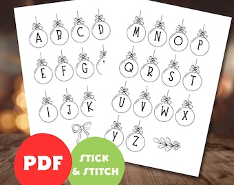 May include: Printable alphabet letters in black and white, designed to look like Christmas ornaments. The letters are arranged in alphabetical order and are ready to be cut out and used for crafts.