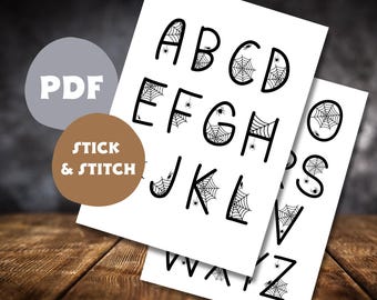 Pdf met borduurontwerpen met plakken en steken, borduurletters Halloween-letters, modern borduurwerk, borduren voor beginners
