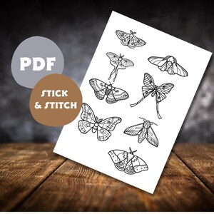 Schema per ricamo a mano di una falena con la tecnica stick and stitch in formato PDF, disegni celestiali per ricamo a mano, schema per principianti