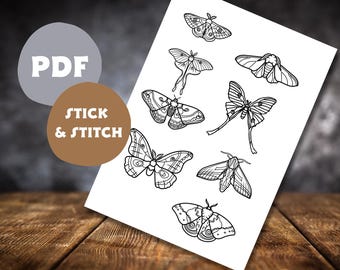 Diseño de bordado de polilla con palitos y puntadas en PDF, diseños de bordado celestiales a mano, patrón para principiantes
