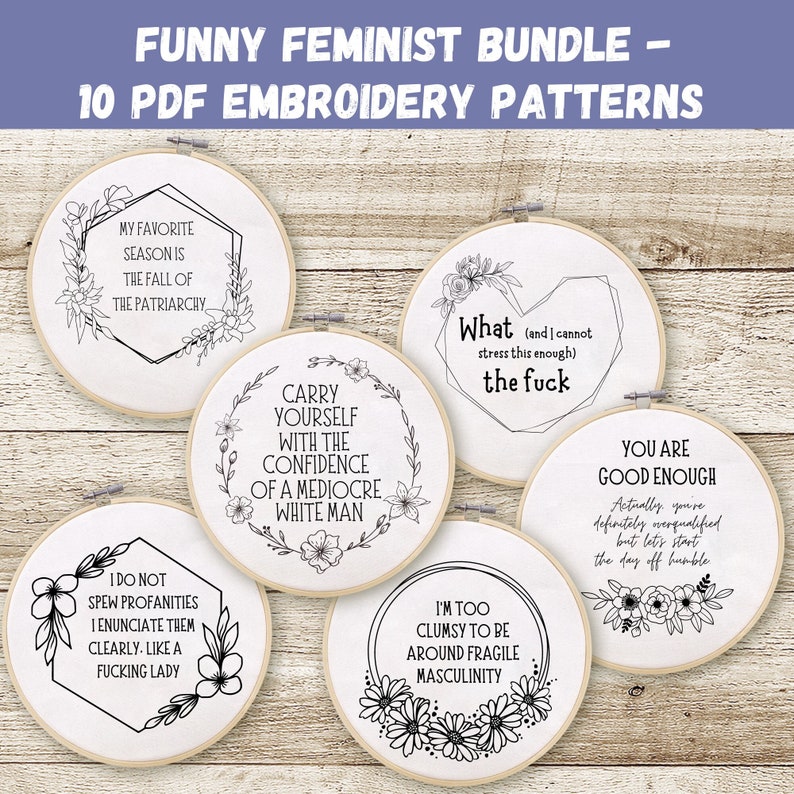Patrón de bordado feminista divertido, arte subversivo y sarcástico para aro, citas feministas en PDF, bordado moderno a mano para principiantes. imagen 1