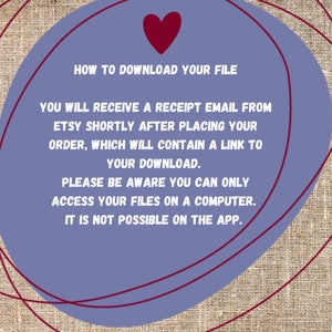 Puede incluir: Una gu&iacute;a de descarga digital con texto sobre un fondo p&uacute;rpura, que incluye instrucciones sobre c&oacute;mo descargar archivos despu&eacute;s de la compra. Un coraz&oacute;n rojo est&aacute; en la parte superior. El fondo tiene una textura de arpillera.
