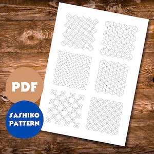 Op de afbeelding: Een afdrukbaar PDF-blad met zes verschillende Sashiko-steekpatronen. De patronen zijn zwart-wit en bevatten geometrische ontwerpen.
