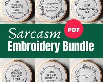 Patrón de bordado divertido en PDF - Paquete de frases sarcásticas, arte de bordado subversivo y mordaz, diseños de bordado a mano para principiantes