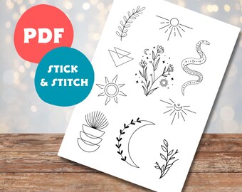 Stick and Stitch broderidesign PDF, Bohobroderi, Celestialbroderi, Modernt broderi, Nybörjarbroderi