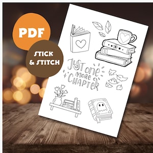 May include: Black and white printable sticker sheet with book-themed illustrations. The sheet includes a stack of books, a book with a heart, a book with a ghost, a vase with flowers, and the text "Just one more chapter".