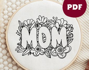 Diseño de bordado floral para mamá, patrón moderno para principiantes (descarga en PDF), bordado de flores silvestres en bastidor, regalo para el Día de la Madre.
