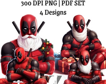 Deadpool Christmas Clipart, PNG PDF Bundle (8 Designs)