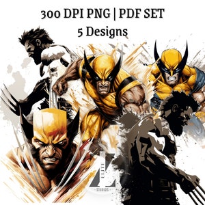 Wolverine Clipart, PNG, PDF Conjunto de sublimação, 5 designs para arte de parede, camisetas e projetos