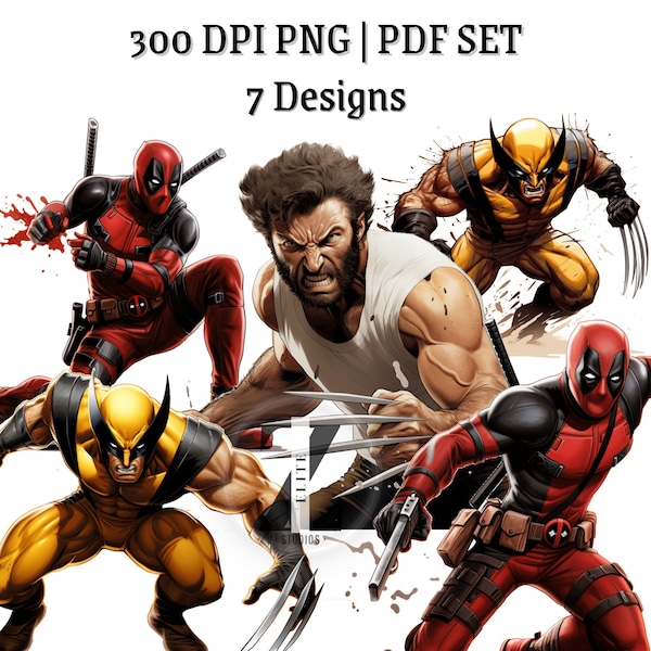 Deadpool vs Wolverine, PNG, PDF Graphic Set, 300 DPI, Digital Prints for Sublimation and Design