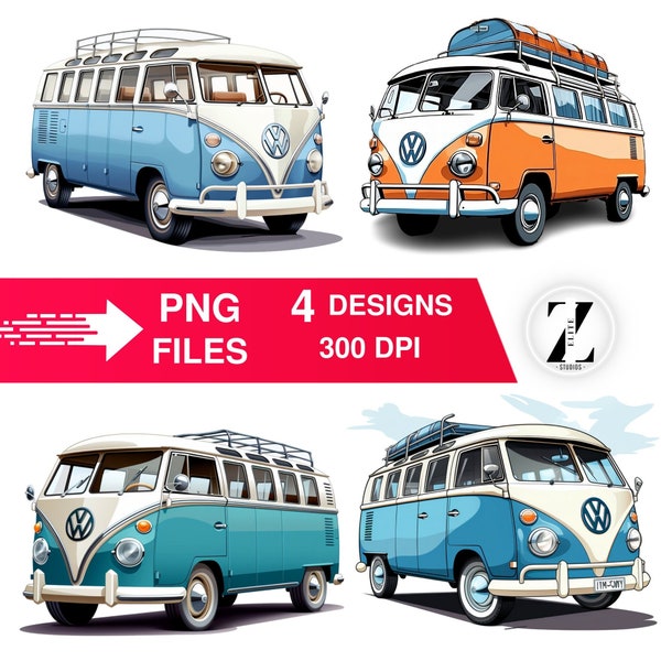 Retro Van PNG, 4 Designs, 300 DPI, for printing, crafting, sublimation, Vintage Van Clipart Bundle