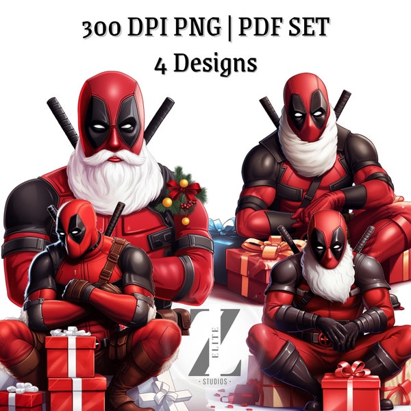 Deadpool Wall Art, Christmas Vibes, PNG PDF Bundle, 8 Designs for Sublimation, Tumbler Wrap, Clipart