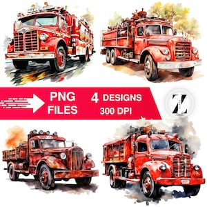 Clipart camion de pompier - 4 modèles, fête d'anniversaire, décorations, modèles d'invitations, lot PNG