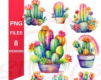 Rainbow Cactus Clipart – 8 PNG Designs (Digital Download)
