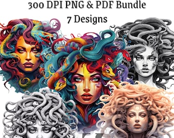 Medusa Goddess PNG & PDF Bundle – Snake Hair Clipart