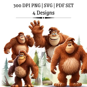Paquete de dibujos animados de Pie Grande en SVG, PNG y PDF: 4 diseños de imágenes prediseñadas de Sasquatch para sublimación, Cricut, proyectos infantiles y manualidades.