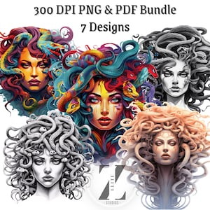Medusa PNG & PDF Bundle - 7 Goddess Designs, Snake Hair Clipart for Sublimation, Cricut, Mythology Crafts