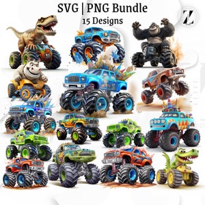 Monster Truck Geburtstag PNG & SVG Bundle - 15 große Truck Designs für Cricut, Sublimation, Party Decor
