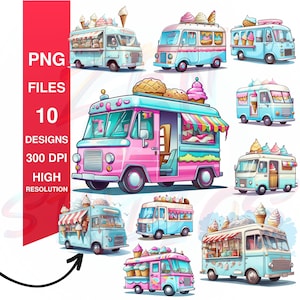 アイスクリーム トラック PNG - フード トラックのクリップアート、アイスクリーム バン、10 種類のデザイン、高品質のグラフィック バンドル