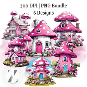 Pink Mushrooms PNG, Fungi Vector, 6 Designs, Magic Mushroom, Clipart Bundle
