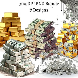 Cash Geld PNG Bundle - 7 Regnetes Geld Designs, 300 DPI für Sublimation, Cricut, Hintergründe, Kunsthandwerk