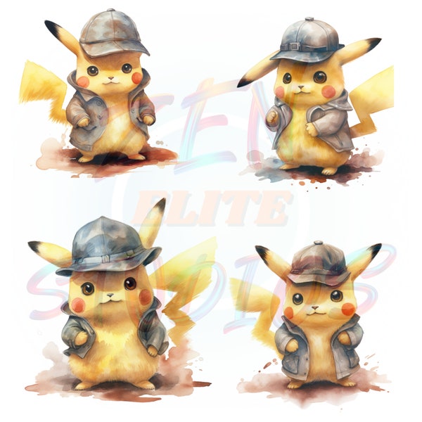 Pikachu clip art - 4 Designs, Pikachu PNG Bundle, Pokemon Characters, Detective Pikachu Art, Watercolor cut file