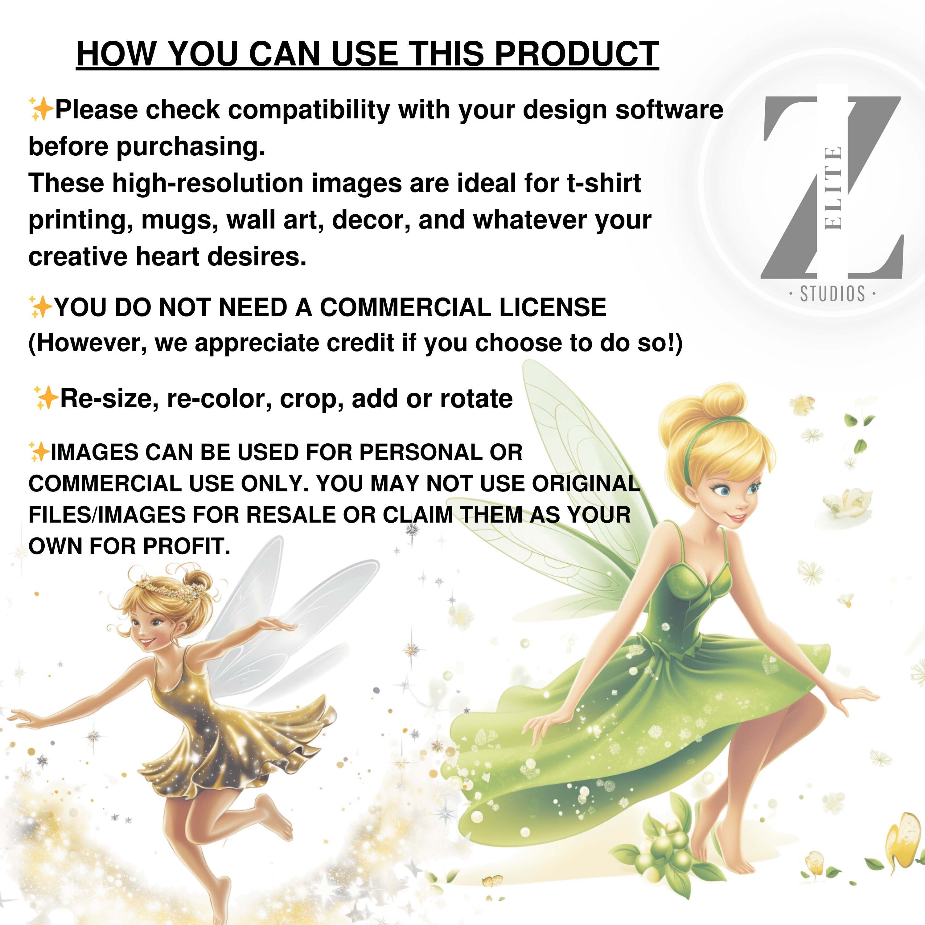 Tinkerbell PNG, PDF Set, 5 Designs, 300 DPI, Fairy Princess