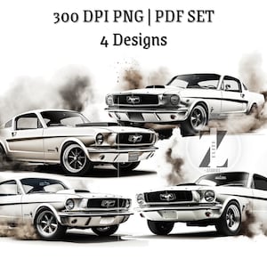 Classic Ford Mustang, Black and White PNG, PDF Set, 4 Designs for Sublimation, American Muscle Car Wall Art