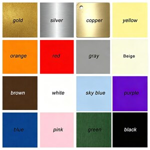 May include: A grid of sixteen color swatches, each labeled with a color name. Colors include gold, silver, copper, yellow, orange, red, gray, beige, brown, white, sky blue, purple, blue, pink, green, and black.