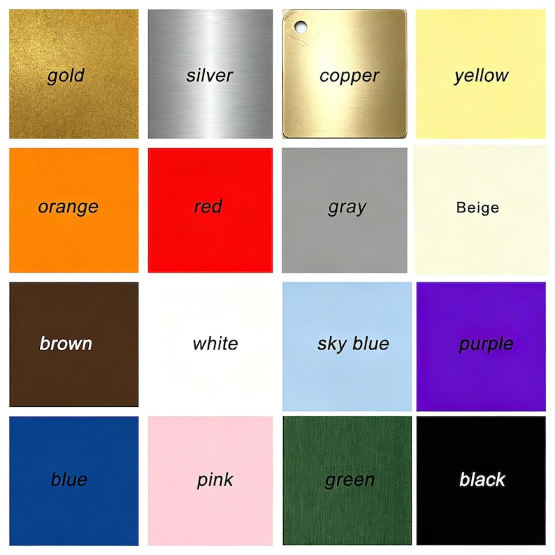 May include: A grid of sixteen color swatches, each labeled with a color name. Colors include gold, silver, copper, yellow, orange, red, gray, beige, brown, white, sky blue, purple, blue, pink, green, and black.
