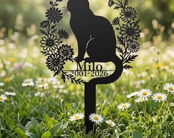 Pierre tombale de chat personnalisée avec fleurs, plaque commémorative en pierre de jardin commémorative pour animal de compagnie gravée personnalisée avec piquet, cadeaux de sympathie pour le souvenir de la perte d'un animal de compagnie