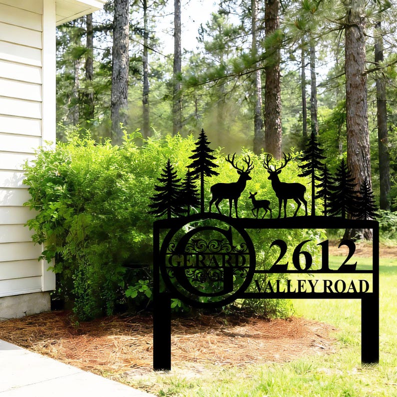 Custom Metal Outdoor Address Sign, Personalized Deer Forest Yard Stake ...