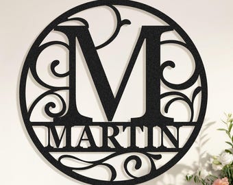 Letrero metálico personalizado con monograma, inicial familiar personalizada, apellido redondo, decoración de pared con monograma para boda, colgador para puerta de entrada.