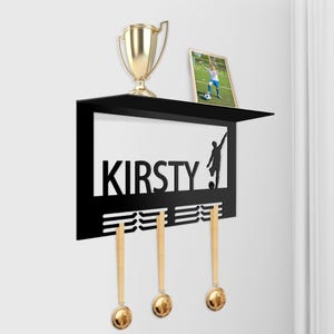 Custom Name Medal Trophy Hanging Shelf, Personalized Medal Holder, Football Medals Rungs for Ribbons, Soccer Medal Hanger Medal Display