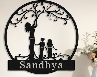 Custom Metal Tree Of Life Wall Art Mother With Children, Personalized Gifts for Mom Grandma Nanny, Family Last Name Sign, Outdoor Wall Decor