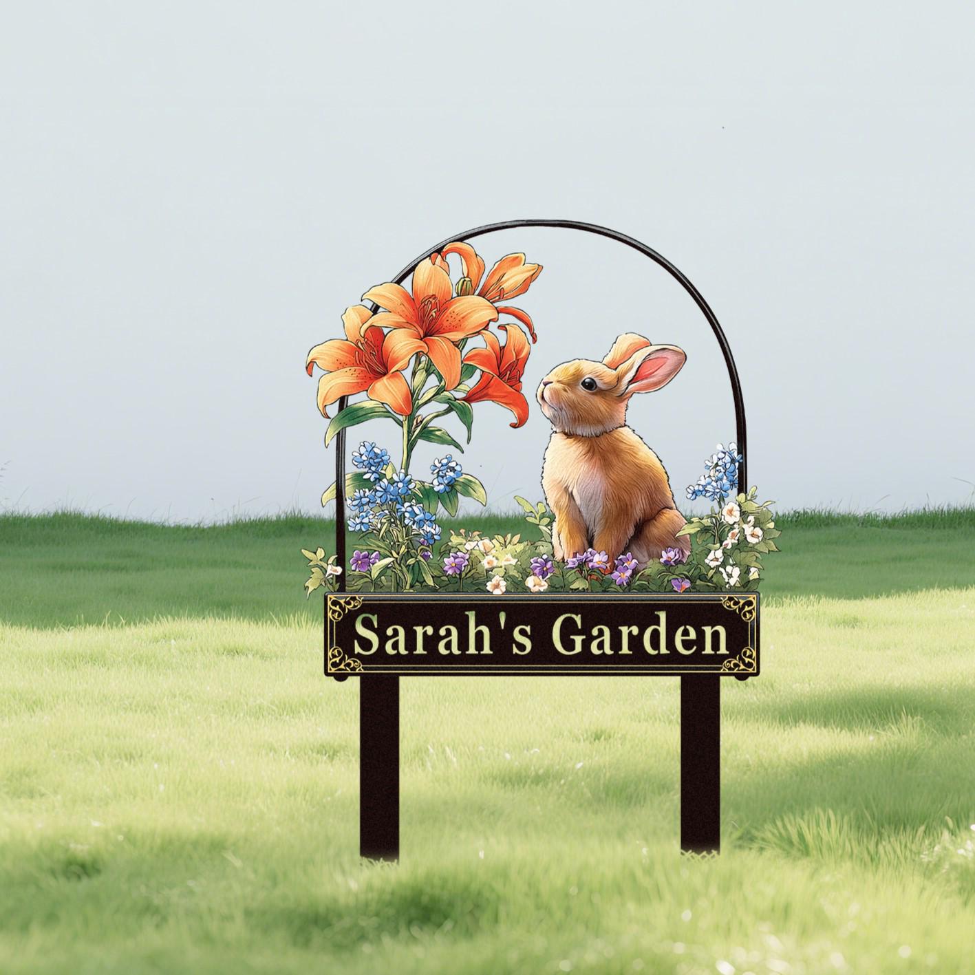Personalized Garden Sign, Customizable Flower Rabbit Yard Stake Art ...