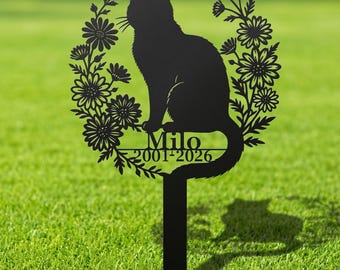Personalized Cat Grave Marker with Flowers,Custom Engraved Pet Memorial Garden Stone Sign with Stake,Sympathy Gifts for Pet Loss Remembrance