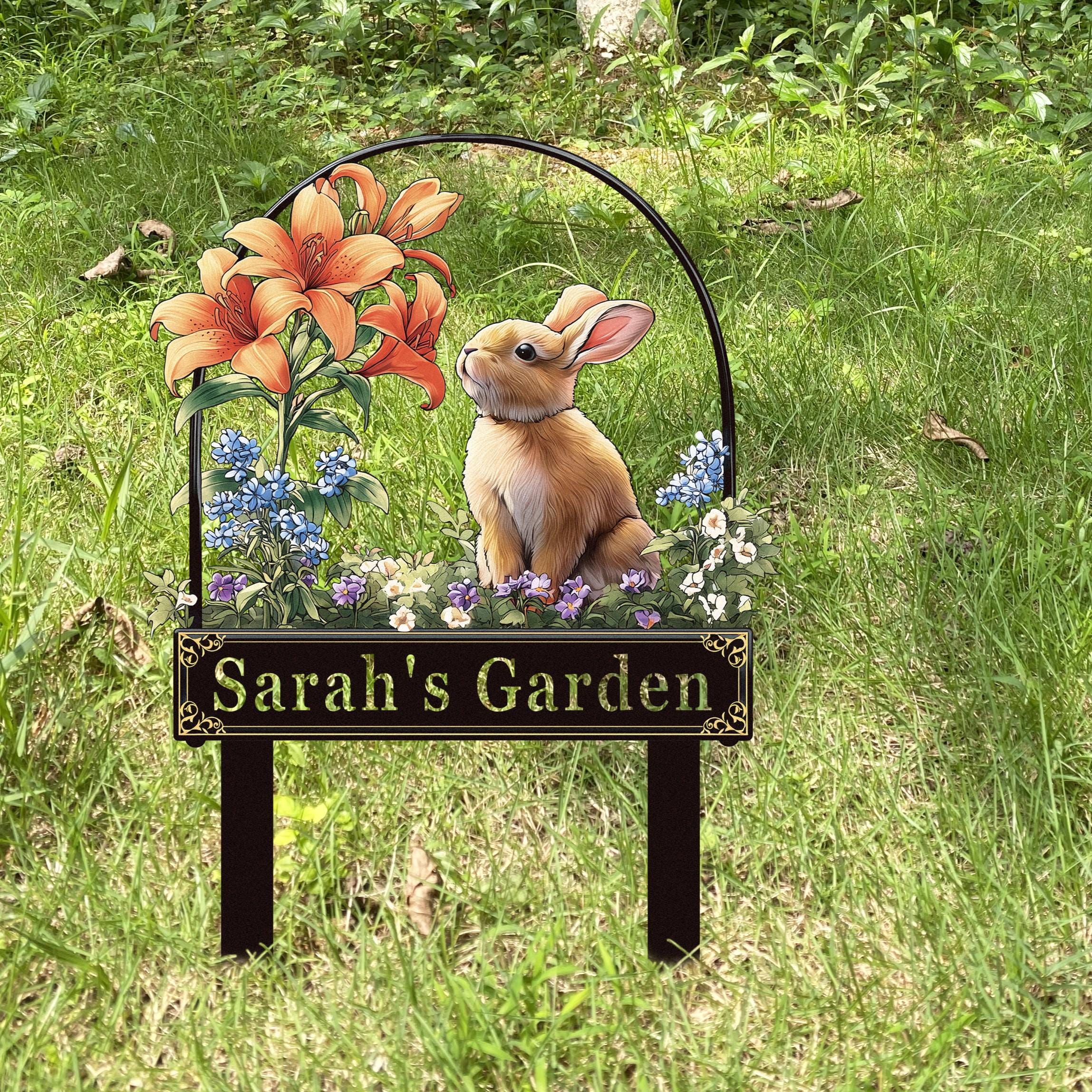 Personalized Garden Sign, Customizable Flower Rabbit Yard Stake Art ...