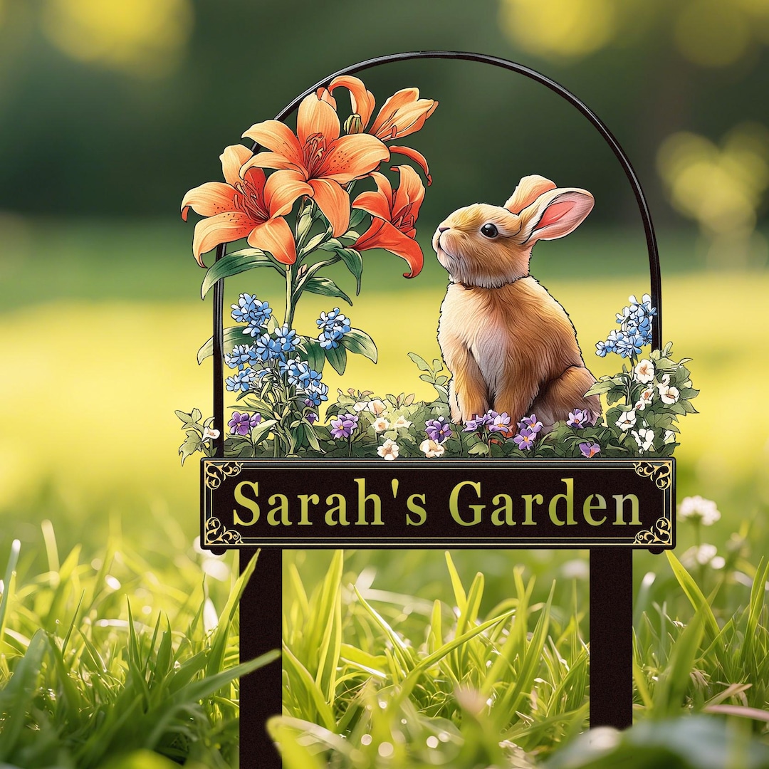Personalized Garden Sign, Customizable Flower Rabbit Yard Stake Art ...
