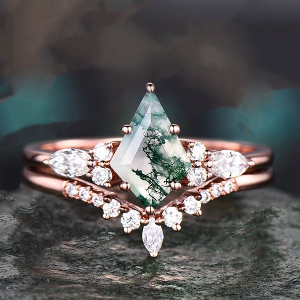 Cotrisa Vintage Kite Cut Moss Agate Diamond Engagement Ring Set Silver & Gold Green Moss Agate Wedding Bridal Set