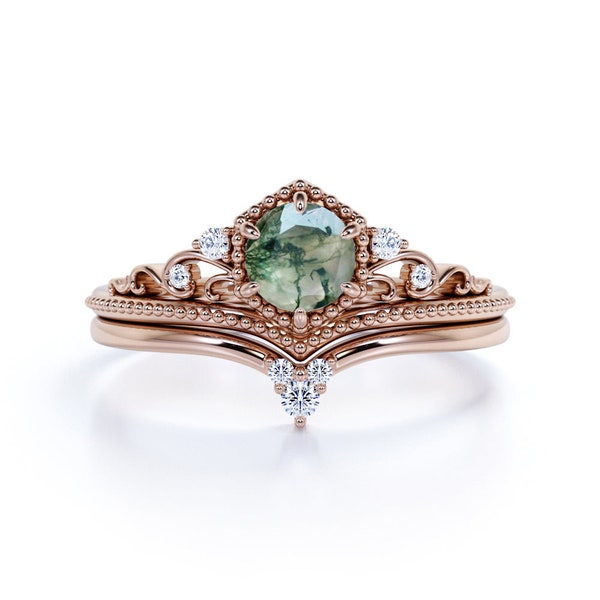 Natural Green Moss Agate Engagement Ring For Women- Alternative Bridal- Vintage Petite Promise Ring Anniversary Gift 14K Gold Ring