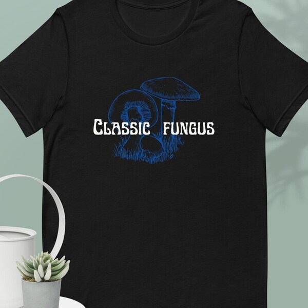 Classic fungus blue t-shirt, Mushroom lover tshirt, Mushroom tshirt, Cottagecore, Mycology shirt gift, Black tshirt