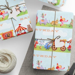 Birthday Wrapping Paper, Circus Animals, Tigers Elephants Sharks, Gift Wrap Roll, Kids Party Supplies