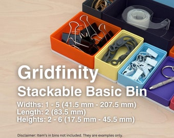 Gridfinity Stackable Basic Bin | Length 2 | Widths 1 to 5 | Heights 2 to 6