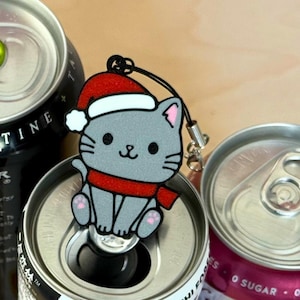Cute Cat in Santa's Hat | Soda Can Opener with Keychain Strap - Mobility Winter Stocking Stuffer Gift for arthritis, nails, fingers