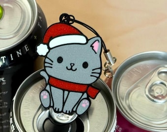 Cute Cat in Santa's Hat | Soda Can Opener with Keychain Strap - Mobility Winter Stocking Stuffer Gift for arthritis, nails, fingers
