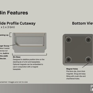 Display features, such as a stacking lip, the finger scoop, the bin base, and magnet holes in the base